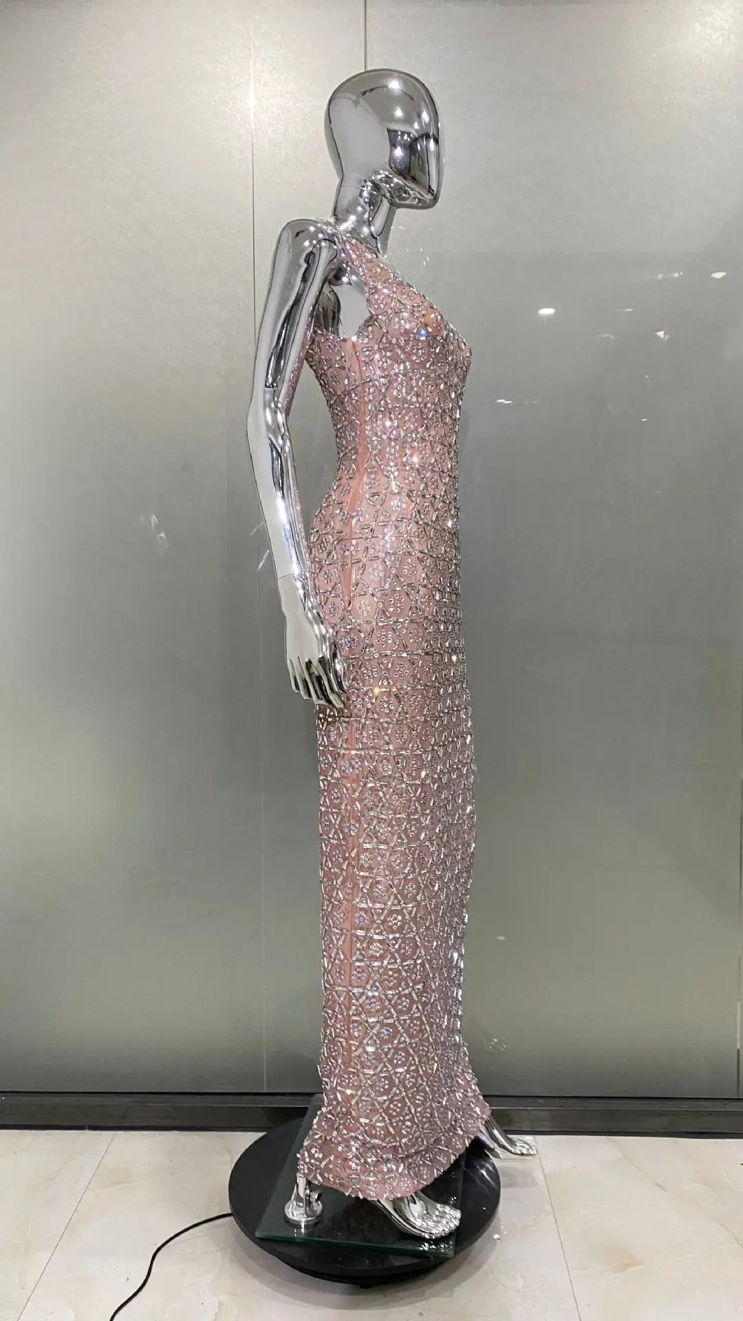 2024 Super Shining Diamonds Sexy Mesh See Through Bodycon Long Dress Fashion Woman Evening Party Dress Stage Performance Costume
