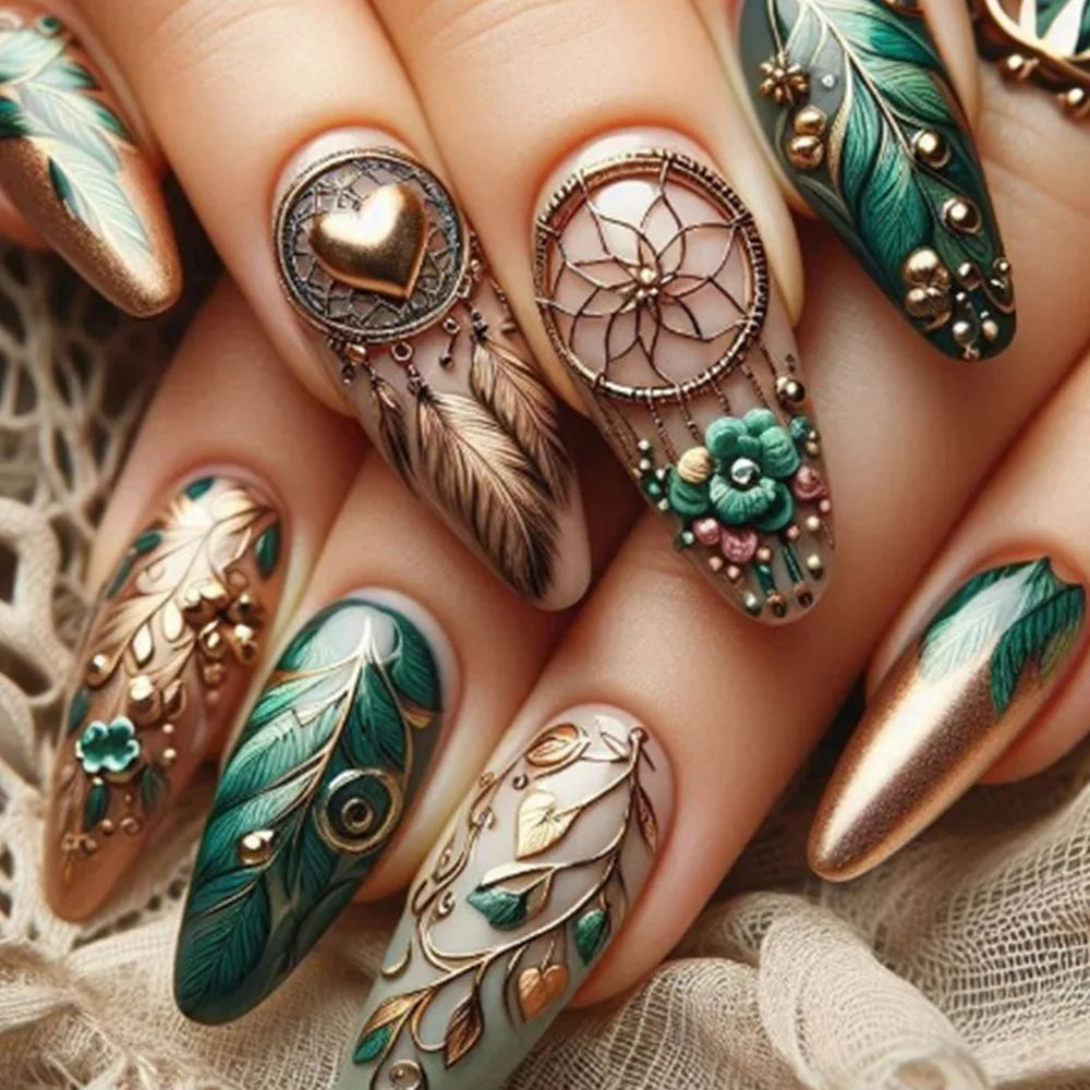 24pcs/set Medium long fake nails yellow dragon flowers feather design for Spring summer Square almond tips press on false nail 2228