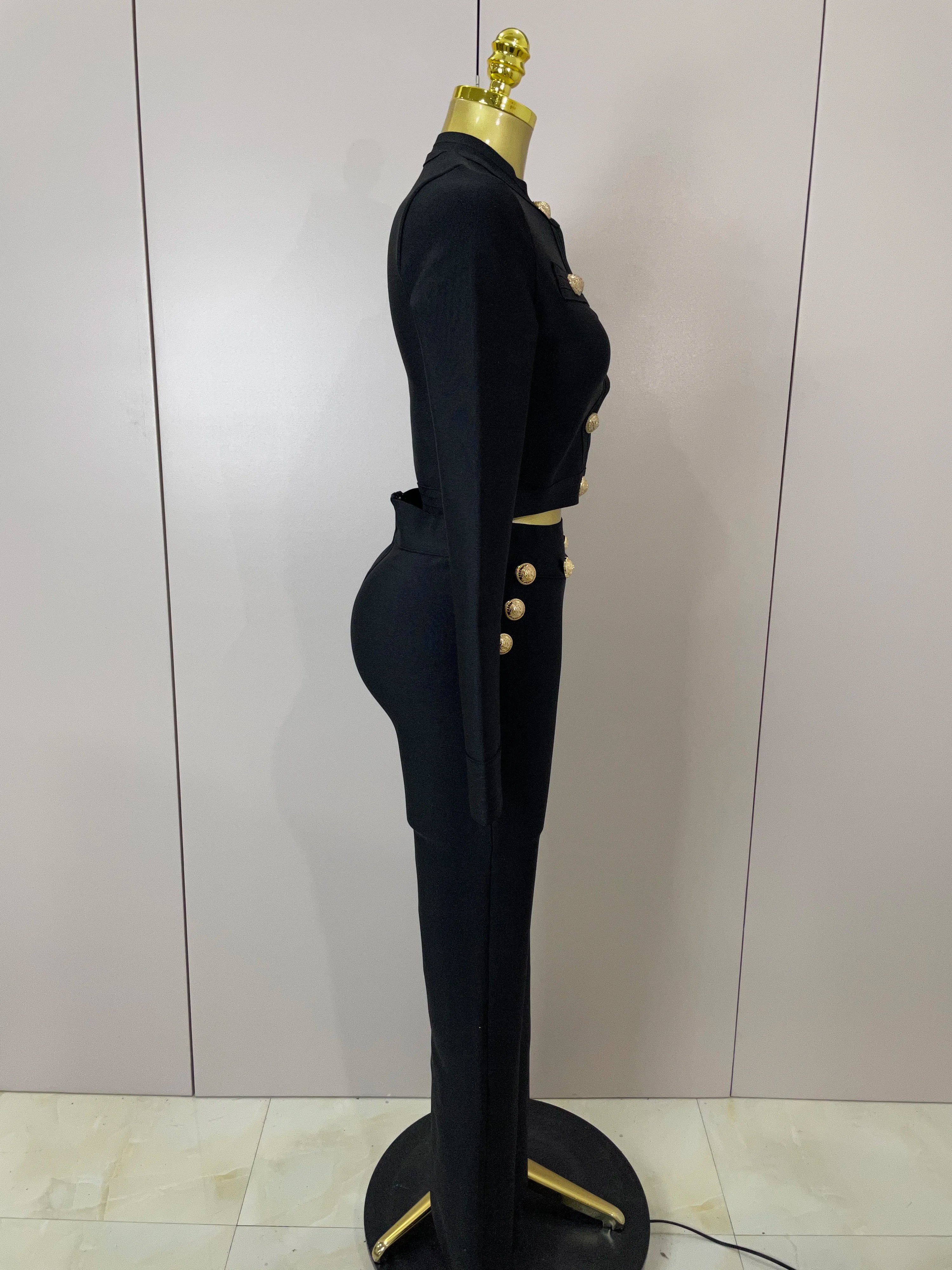 2025 New Golden Buttons Short Coat Top And Flare Pants Bandage 2 Pieces Set Woman Celebrity Evening Party Vestidos