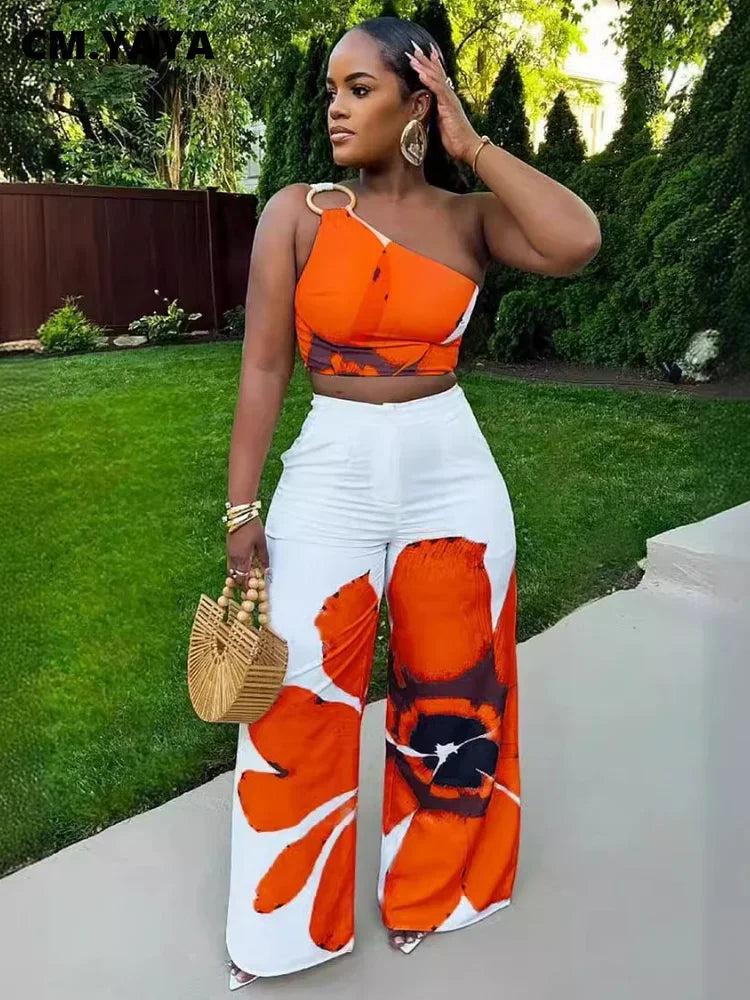 Women Set Floral Print Sleeveless Skew Collar Tops +Wide Leg Pants Two 2 Piece Set Outfit 2024 Summer Street Tracksuit