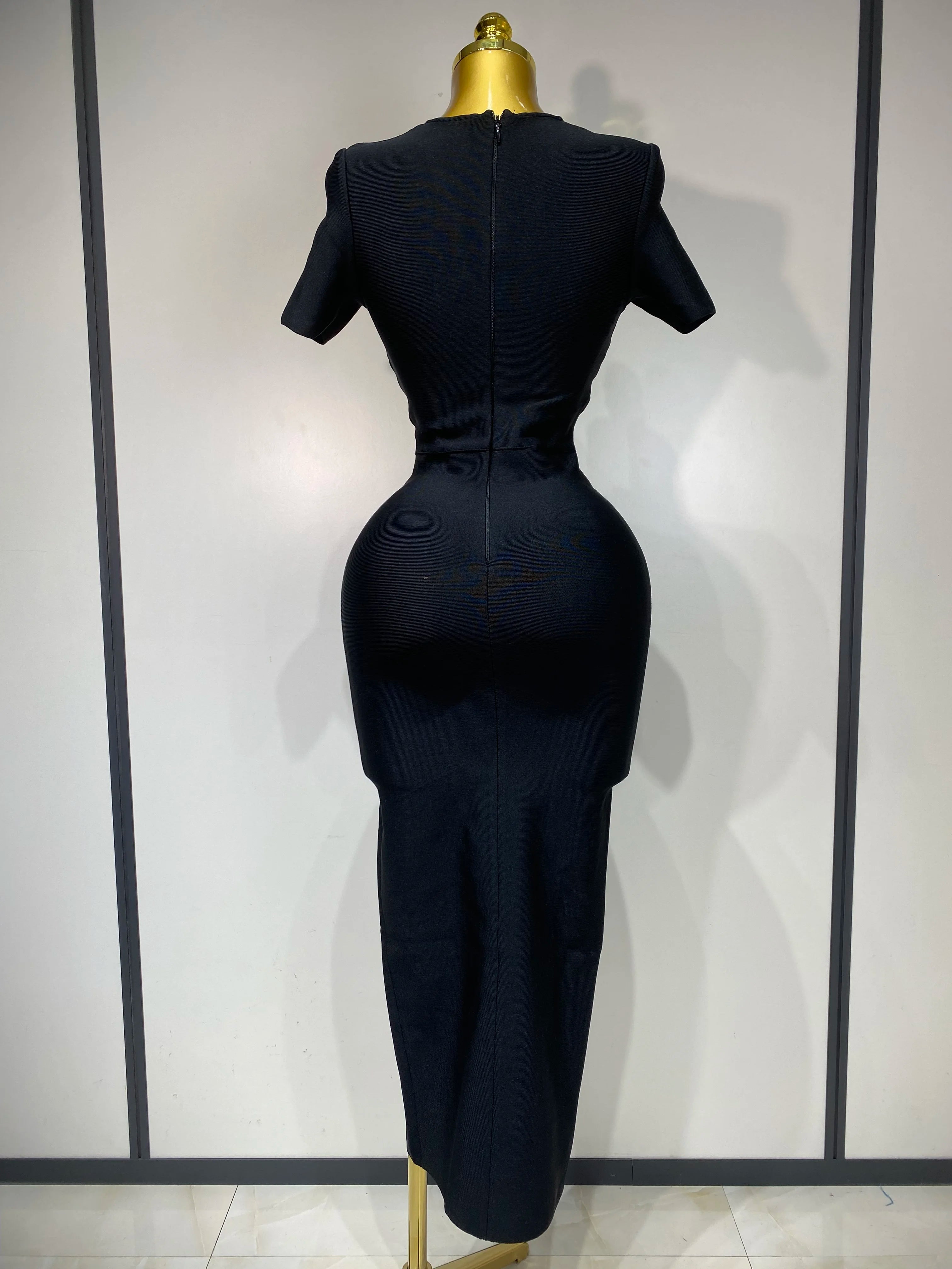 Women Sexy Cut Out Short Sleeve Bodycon Long Dress 2025 Party Evening Celebrate Birthday Black Bandage Knitted Club Prom Gown