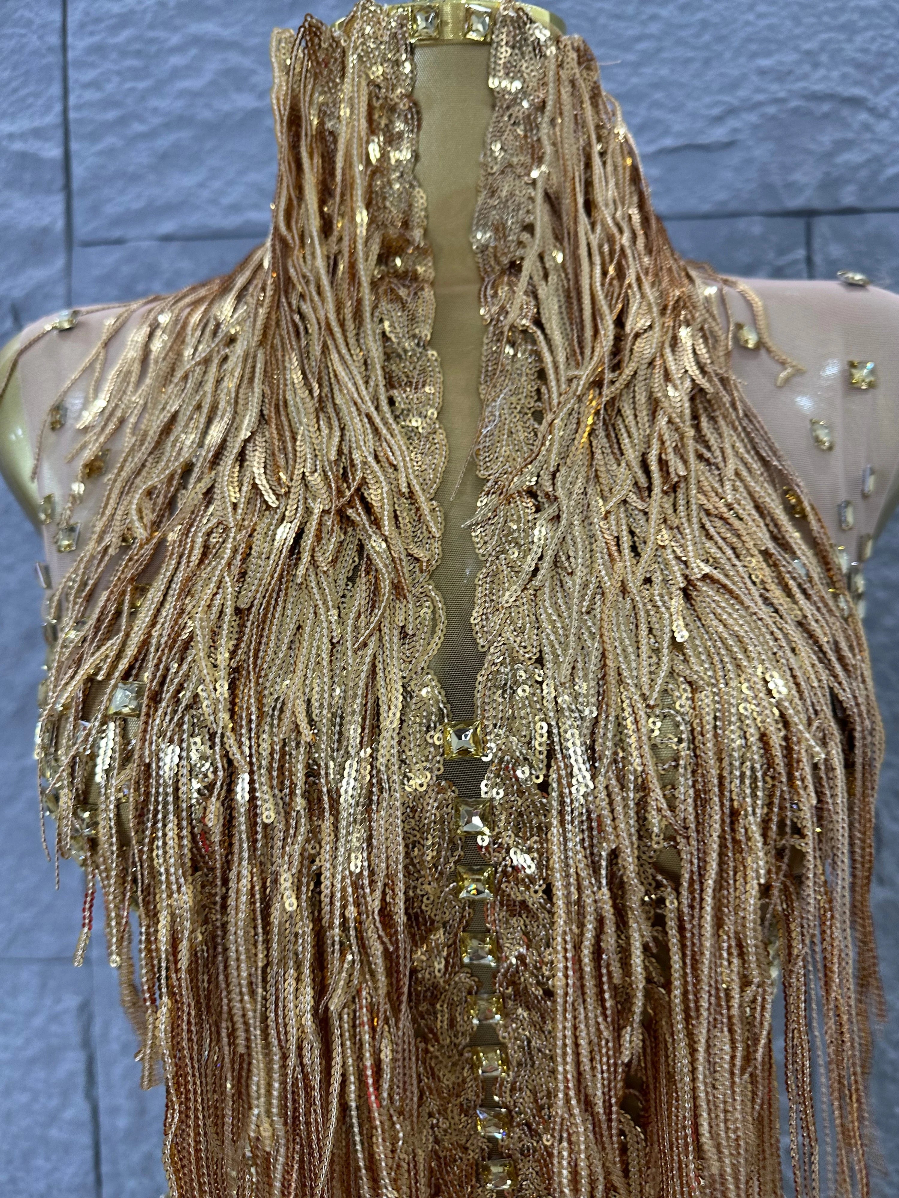 Opulent Gold Halter Neck Mini Dress Women Sexy Crystal Embellished Fringe Trim Form-Fitting Outfit Formal Event Party Costume