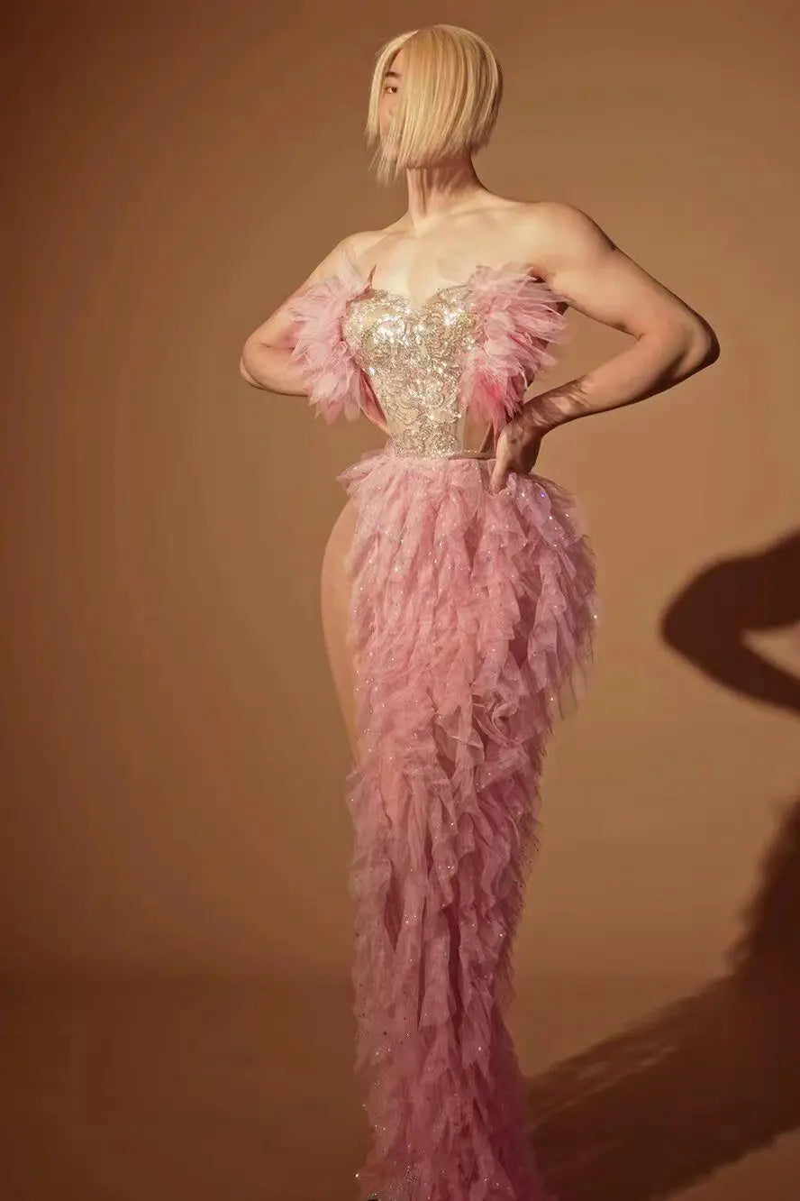 2024 New Fashion Women Sexy Strapless Ruffles 2 Pieces Bodycon Long Dress Celebrate Nightclub Party Performance Costume