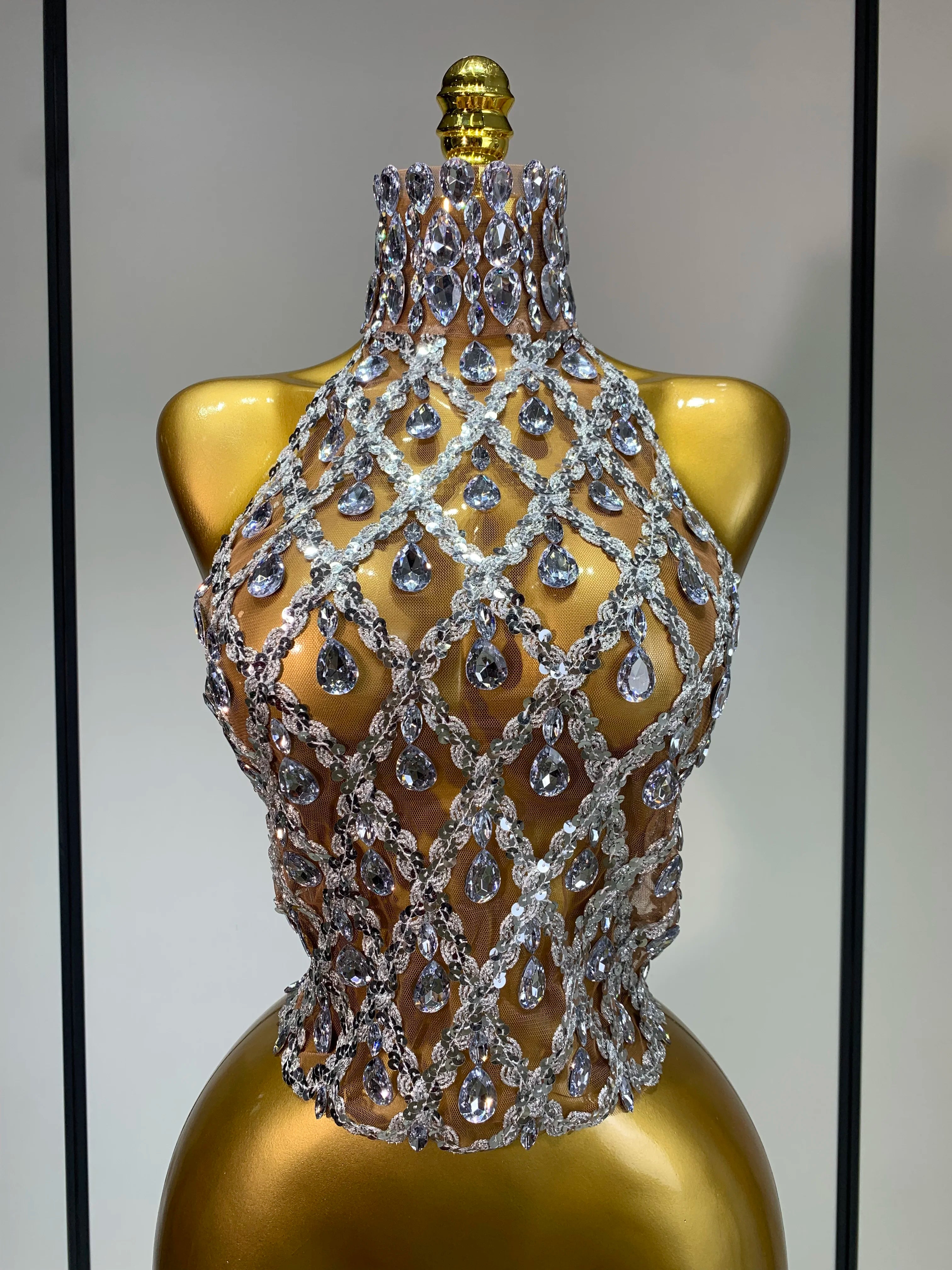 Sparkly Slver Rhinestone Sequins Mesh See Through Top Women Sexy Nightclub Evening Party Backless Spicy Girl Stage Outfit Silver