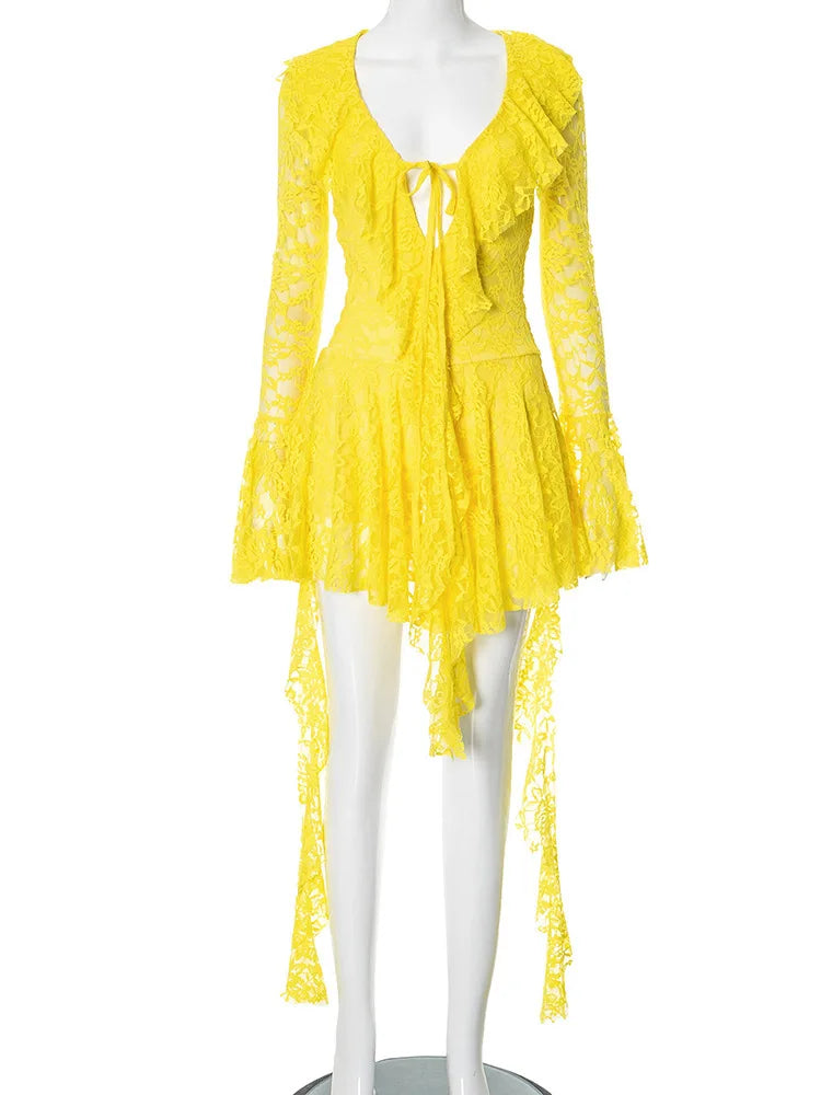 Lace Ruffled Sexy Mini Dress For Women Robe Deep V Neck Flare Long Sleeve Draped A-line Club Party Dress Vestido Yellow