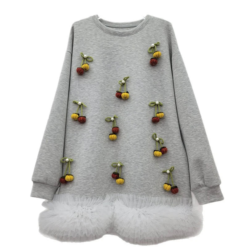 Autumn New Versatile Elegant Three-Dimensional Decorative Patchwork Puffy Mesh Long Sleeve Hoodie For Women 11A07702