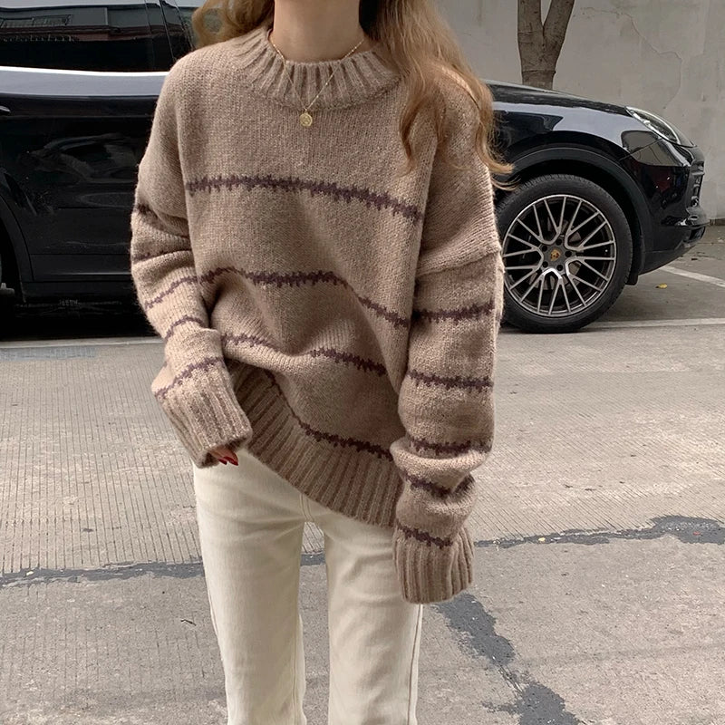 Women Sweater Casual Pullovers Autumn Winter Basics Knitted Korean Loose Striped O-neck Long Sleeve Elegance Sweet Khaki One Size