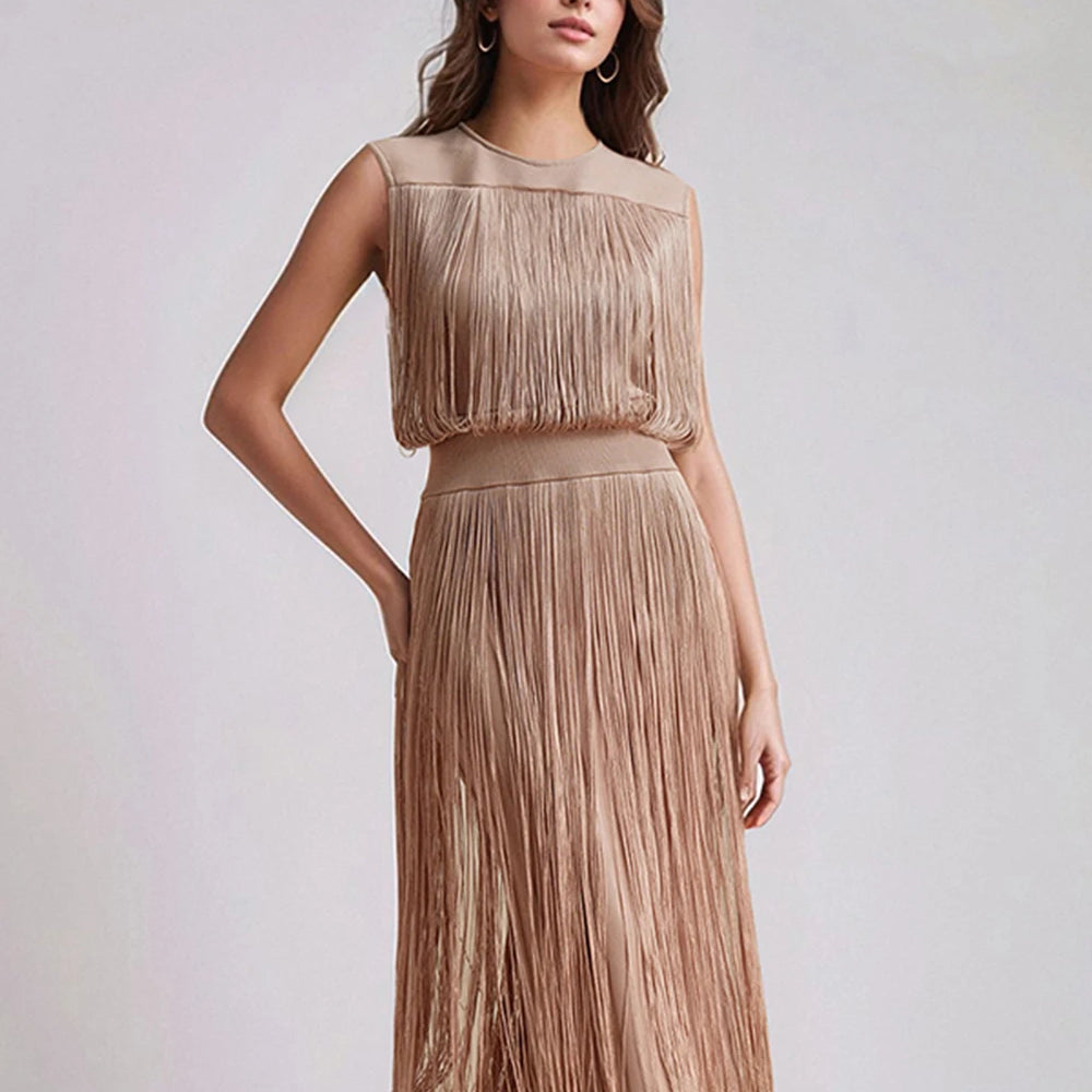 2025 New Tassel Patchwork Party Fashion Midi Dress Women Summer Sleeveless Solid High Street Ladies Vestidos