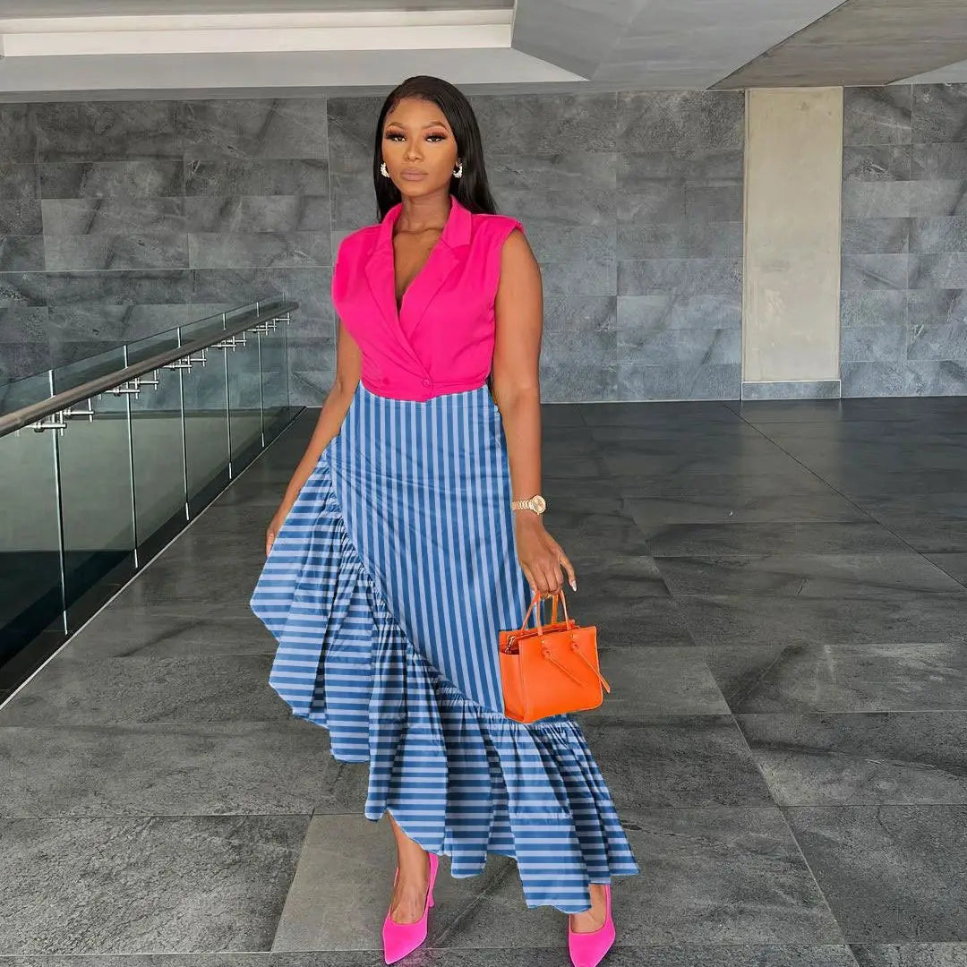 Maxi Ruffle Skirts Dress Sexy Club Party Wear Women Summer Clothes Elegant Luxury Dress High Waist Long Ladies Skirts Blue