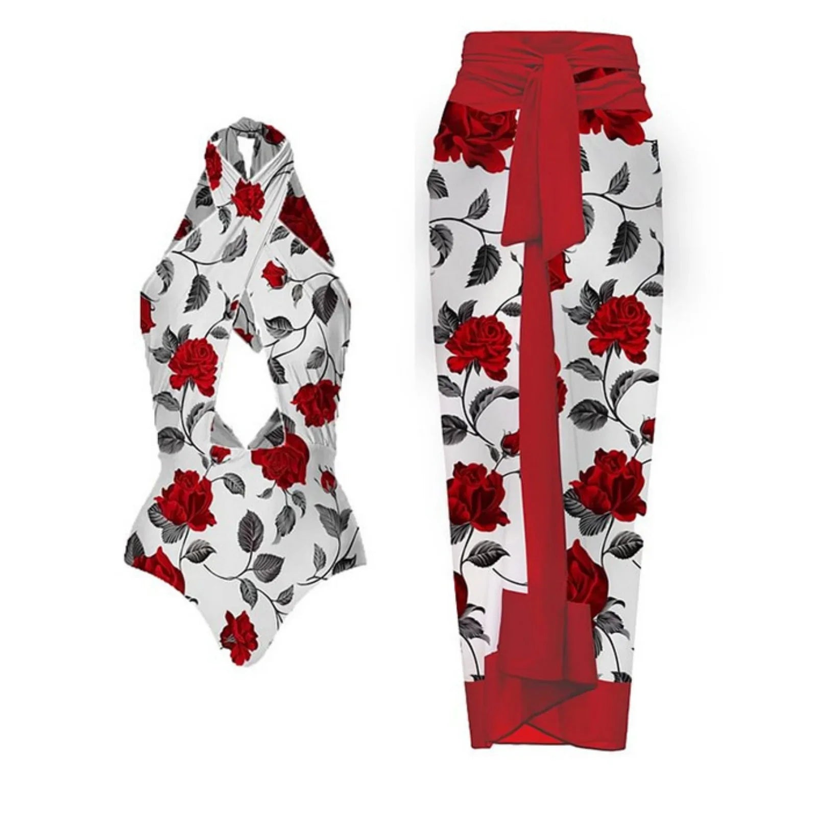 Halter Printed One Piece Bikini Sexy Hollow Halter Swimsuit Backless High Waist Slim Swimwear Ladies Fashion Beachwear set 2