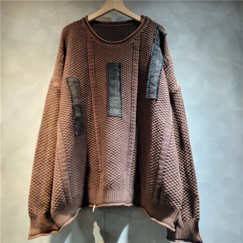 Autumn Winter Sweater Trendy Large Size Loose Casual Patchwork Splicing Top For Women Versatile Pullover 11A07533 Coffee One Size