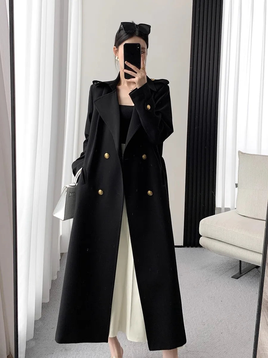 Lautaro Spring Autumn Long Black Trench Coat for Women Gold Buttons Double Breasted Elegant Chic Luxury Designer Clothes 2025 Black
