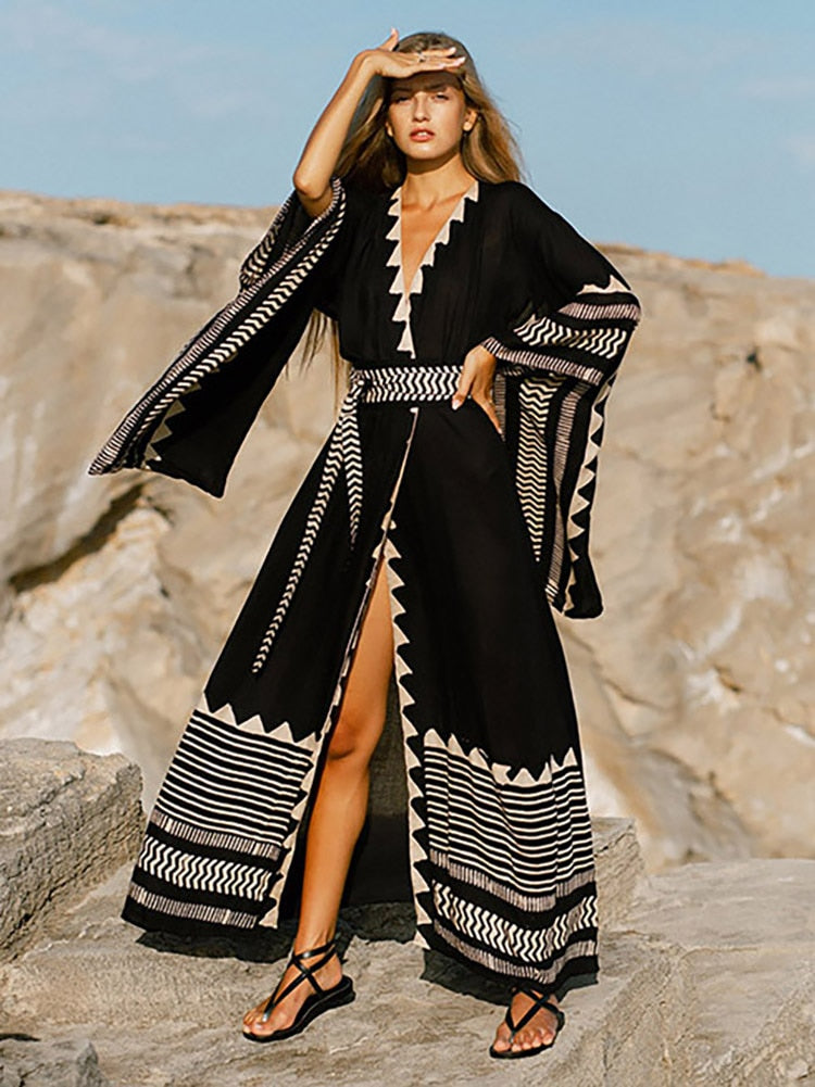 Swimsuit Cover Up Beach Kimono Pareo Fashion Oversized Cuffs Tunic Long Dress Cardigan Summer Swimwear Beachwear