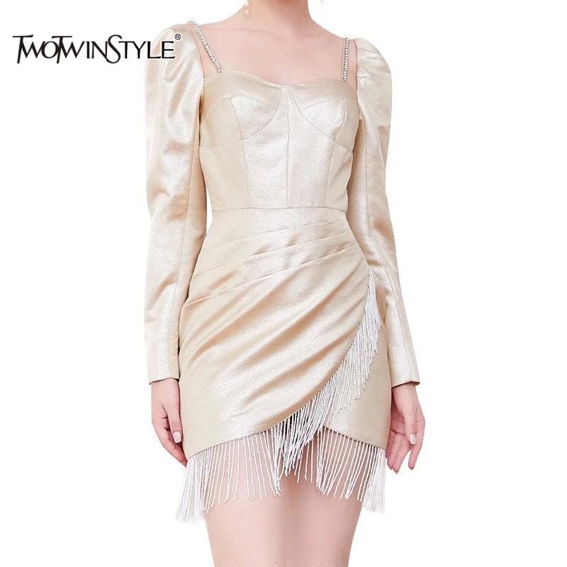 Solid Slimming Spliced Tassels Elegant Dresses for Women Square Neck Long Sleeves Patchwork Folds Dress Female New