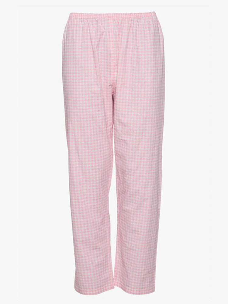 Women Heart Pocket Plaid Shirt Pants Set Casual Lantern Sleeve Lace Up Blouse 2 Piece Sets Summer Loose Drawstring Pants Set light pink shorts