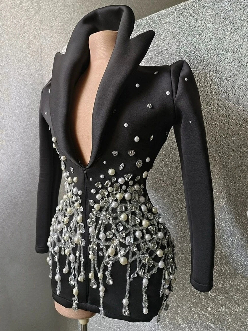 Sparkly Crystal Pearls Mini Dress Black Color Fashion Suit Collar Birthday Evening Party Nightclub Dress Singer Dress