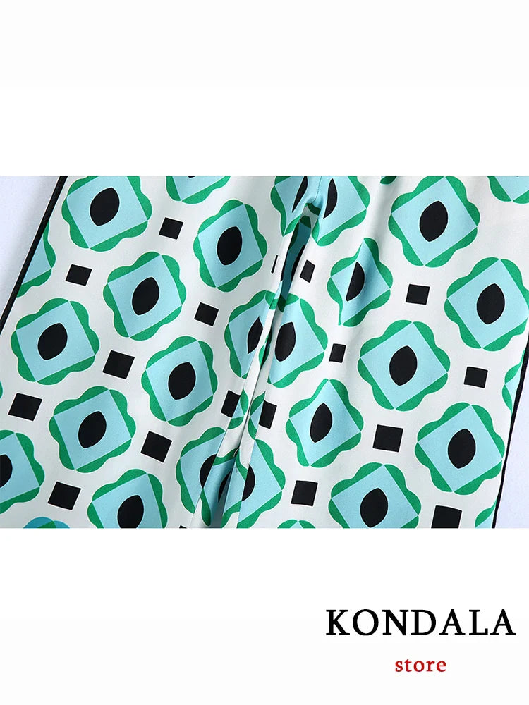 KONDALA Geometric Print Vintage Women Suits Autumn Fashion Oversized Long Shirts and High Waist Wide Leg Pants Women Set
