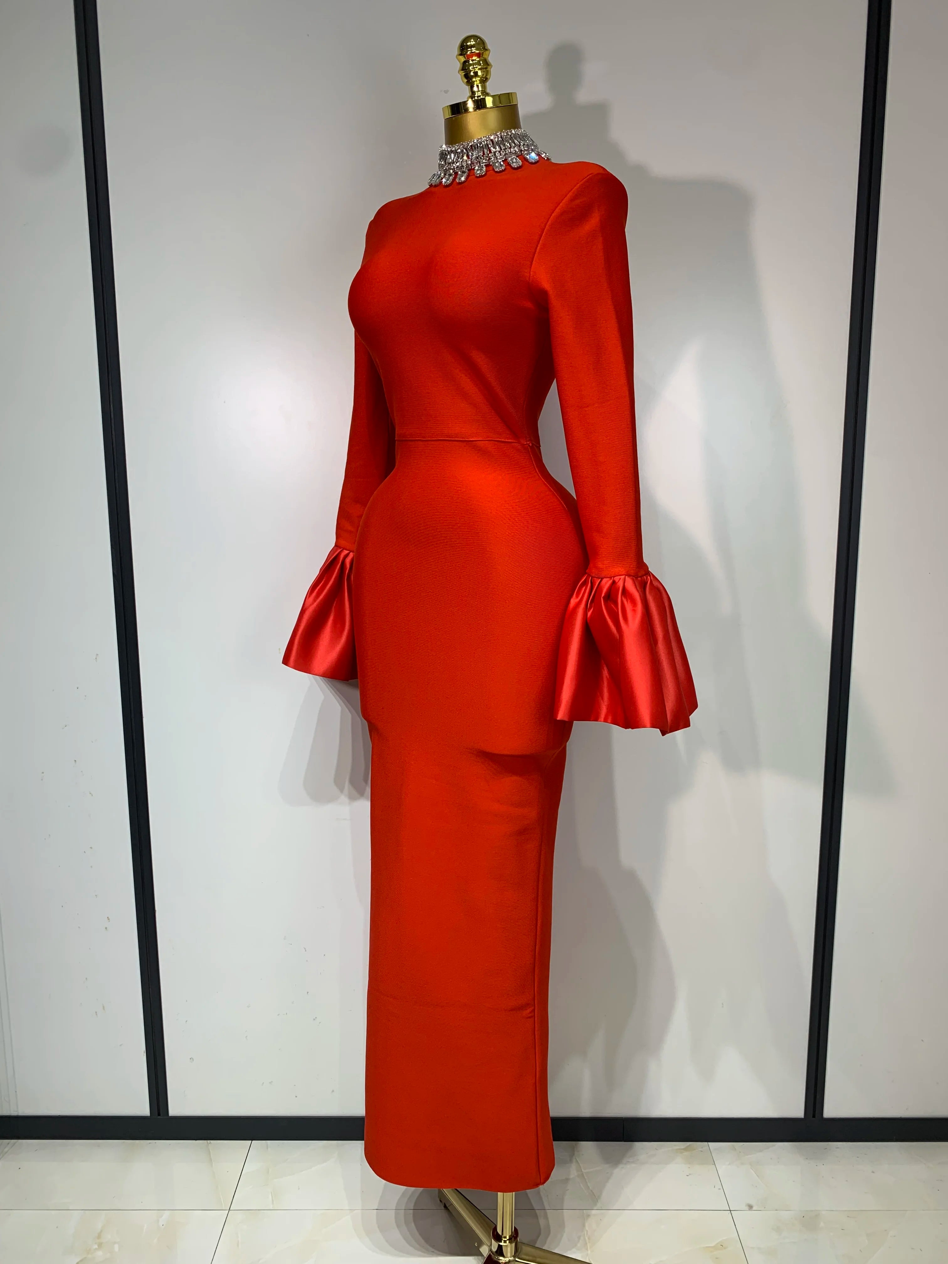 Sparkly Diamonds Neck Flare Sleeve Red Long Bandage Dress 2025 Elegant Woman Evening Party Dress Cocktail Party Club Outfit