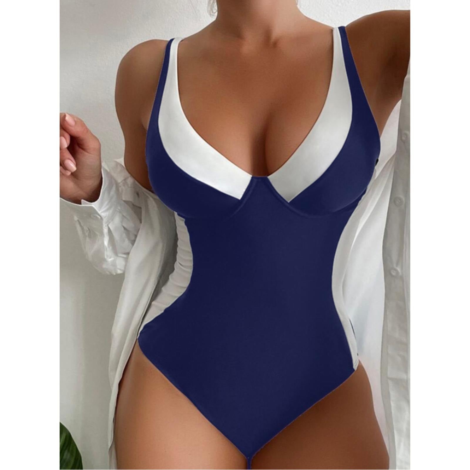 Push Up Deep V neck Checkered High Waist Black Bloc Blue F