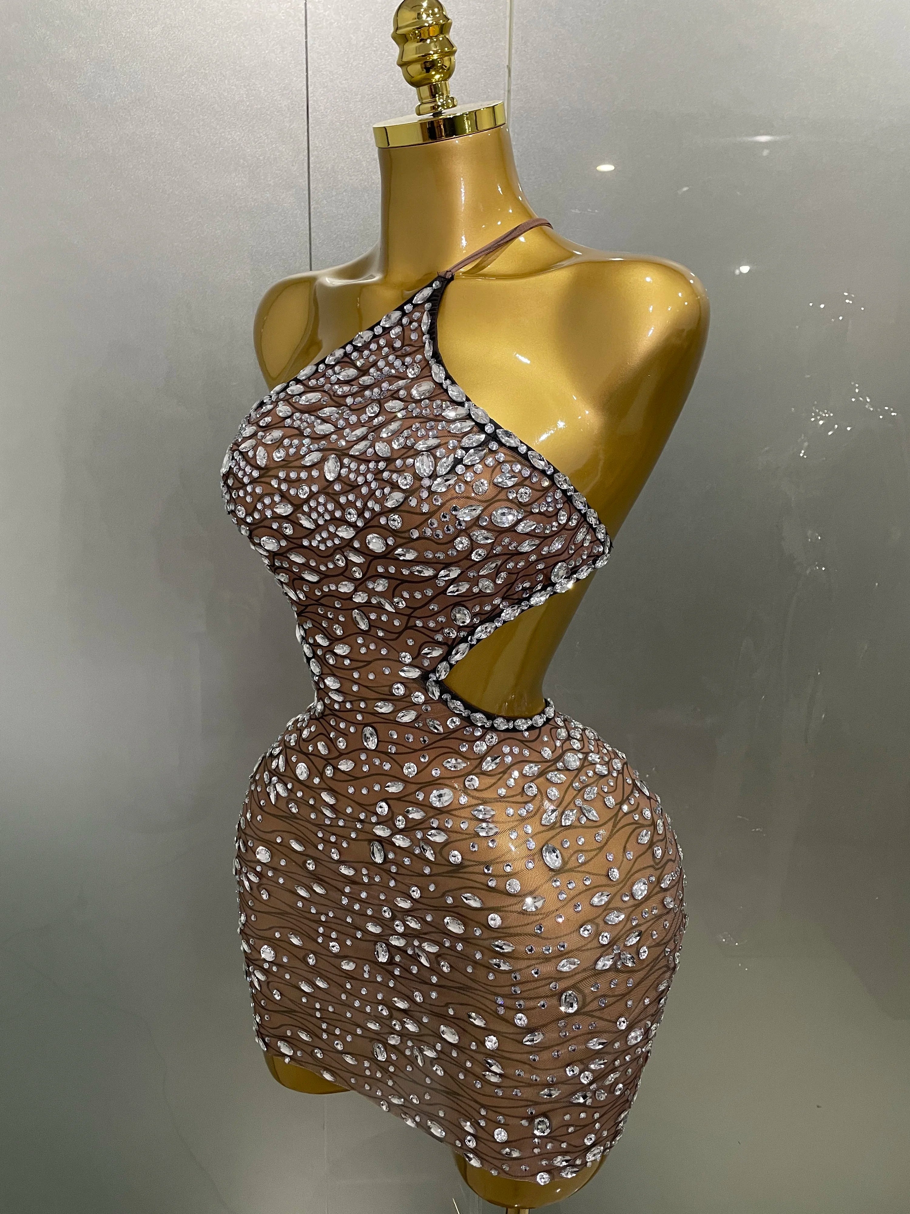 2025 New Sexy Shiny Diamond Hollow Out Backless Short Dress Women Evening Celebrate Prom Birthday Party Nightclub Stage Costume
