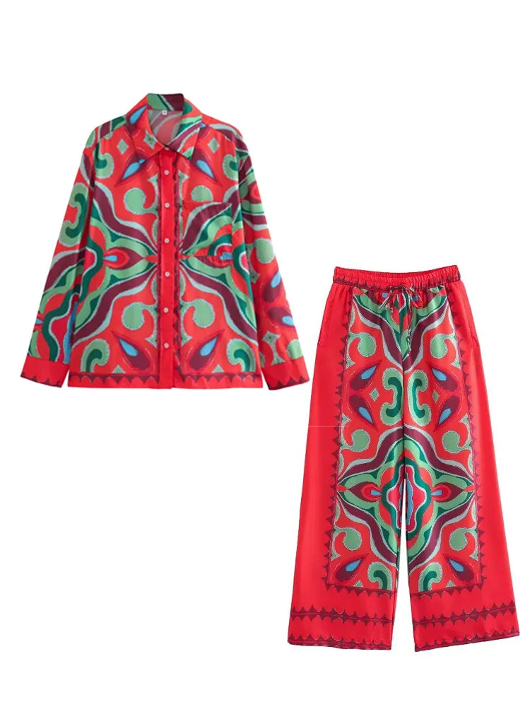 BlingBlingee Summer Printed Women Wide Pants Satin Suits Traf Asymmetric Sleeveless Strapless Crop Top Female Sets Y2K Top-Pants Sets 1