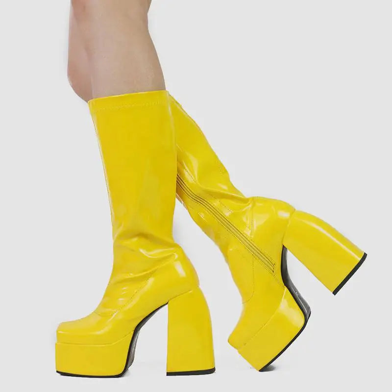 Elastic Microfiber Shoes Ankle Boots Autumn Snow Boots High Heel Thick Platform Mid-Calf Boots Yellow