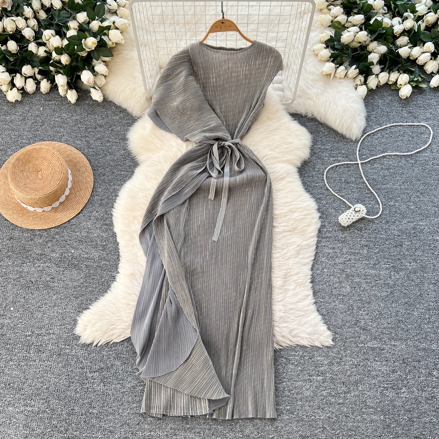 Chic asymmetrical sweet Spliced Elegant Korean Fashion Fairy Dresses Sexy High Waist A-line Vestidos Summer Women Vacation Gray One Size