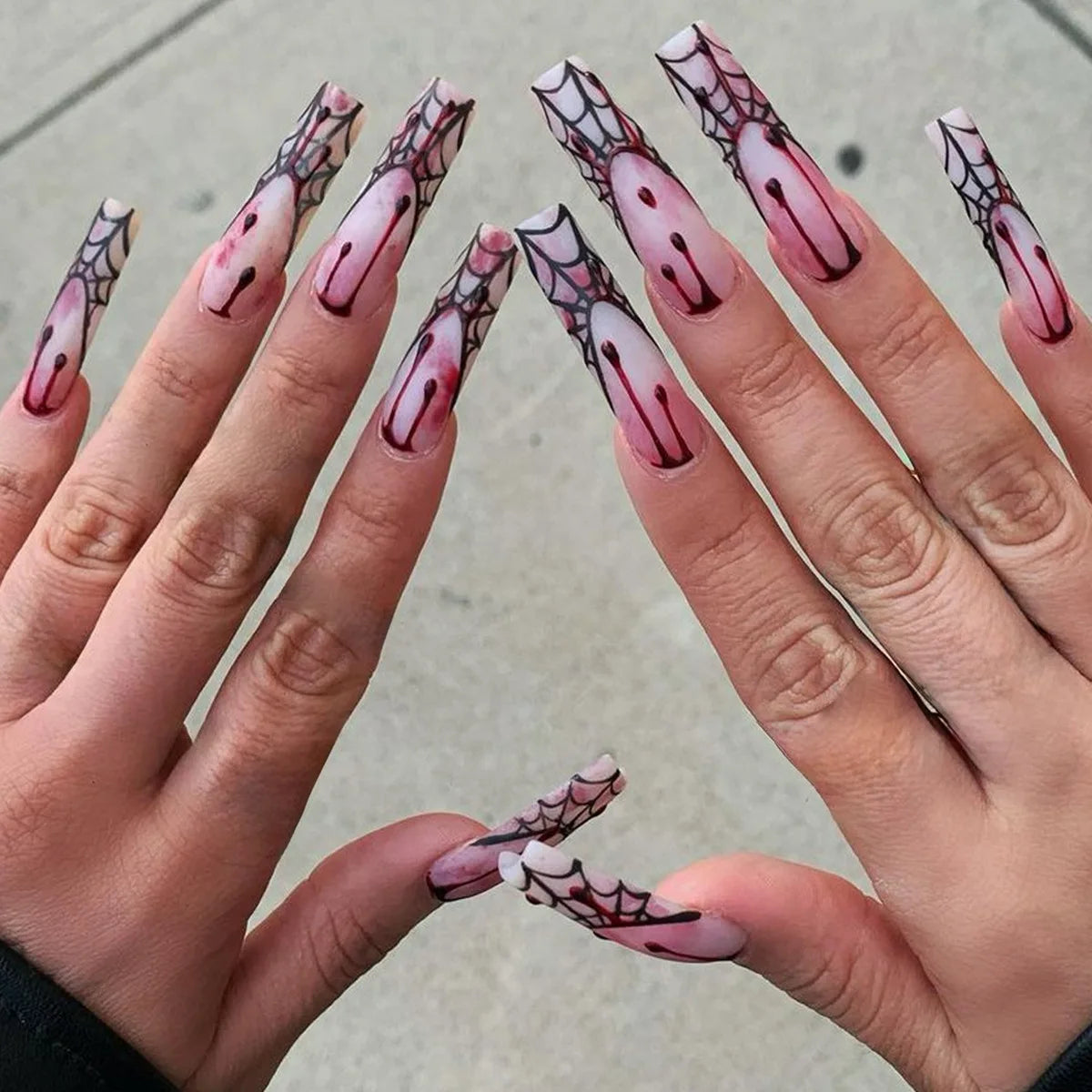 Scary Blood Skull Fake Nails Long Coffin Ballet Halloween Style False Nails 24pcs Wearable Press on Nail tips for Halloween Gift H8