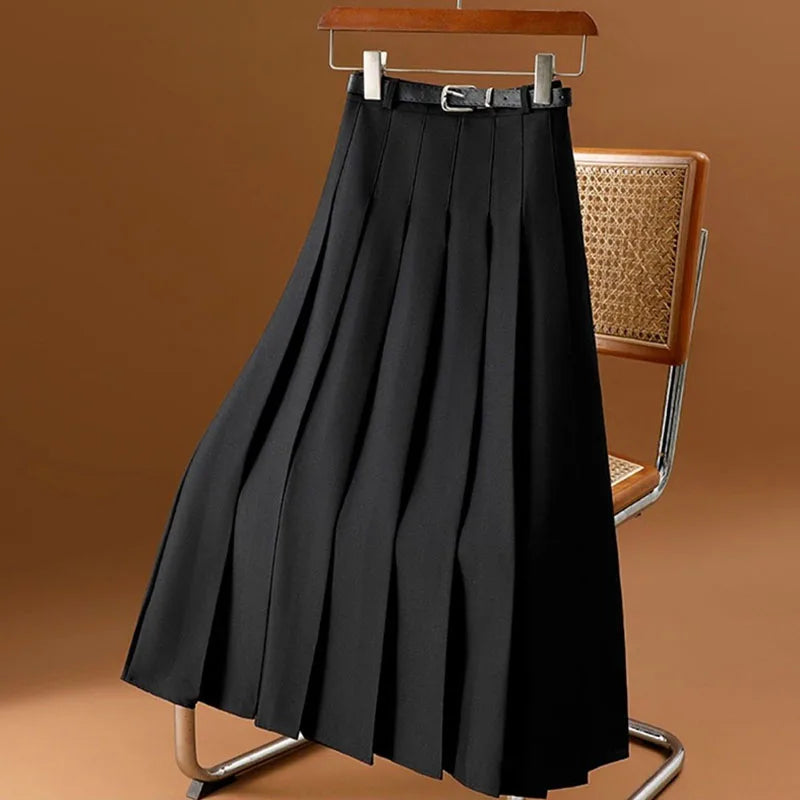 Lucyever All-Match Pleated Skirts Women Autumn Winter High Waist A-Line Folds Skirts Female Korean Fashion with Belt Midi Skirts black