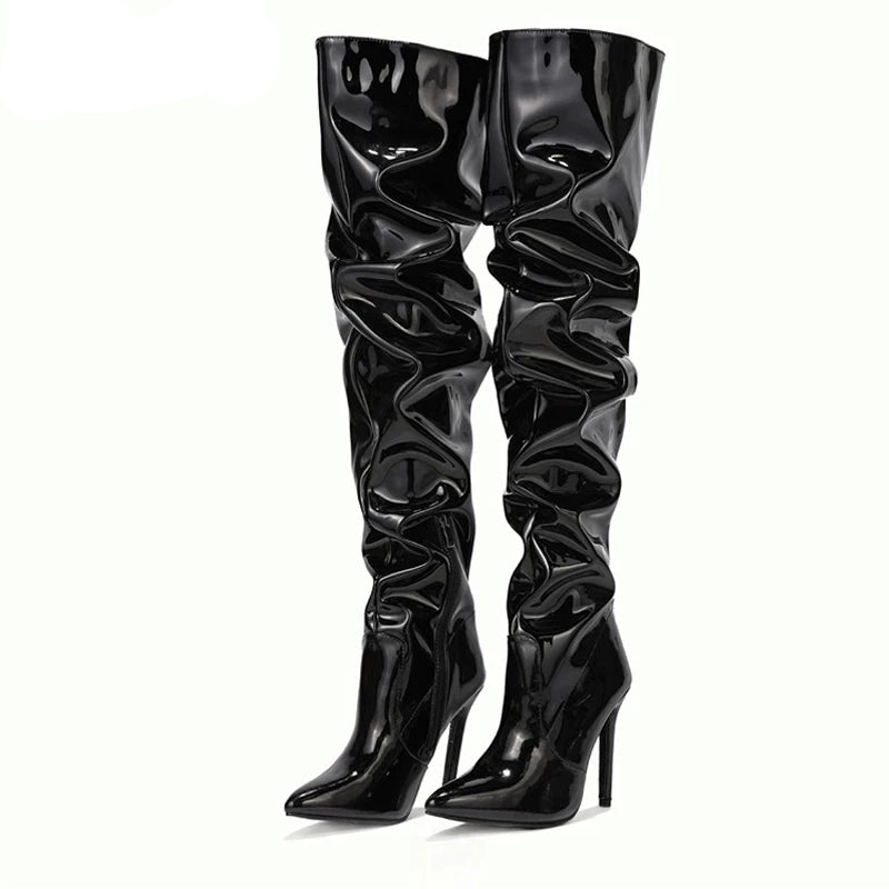 Eilyken Red Women Over The Knee Boots High Heels Patent Leather Solid Pointed Toe Stiletto Side Zipper Sapatos Femininos