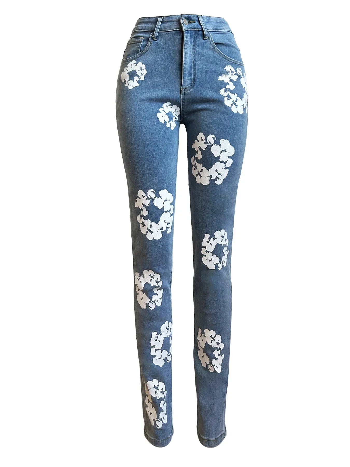 Floral Printed Women Jeans Zipper Fly High Waist Denim Pants Spring New Popular High Street Trousers Stretchy Bottom Pants