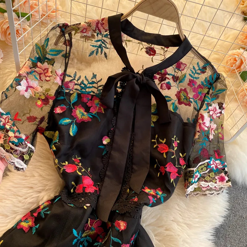 夏新着女性ヴィンテージメッシュ花刺繍マキシドレスレディースレトロ弓 A ラインスリムパーティードレスプラスサイズ