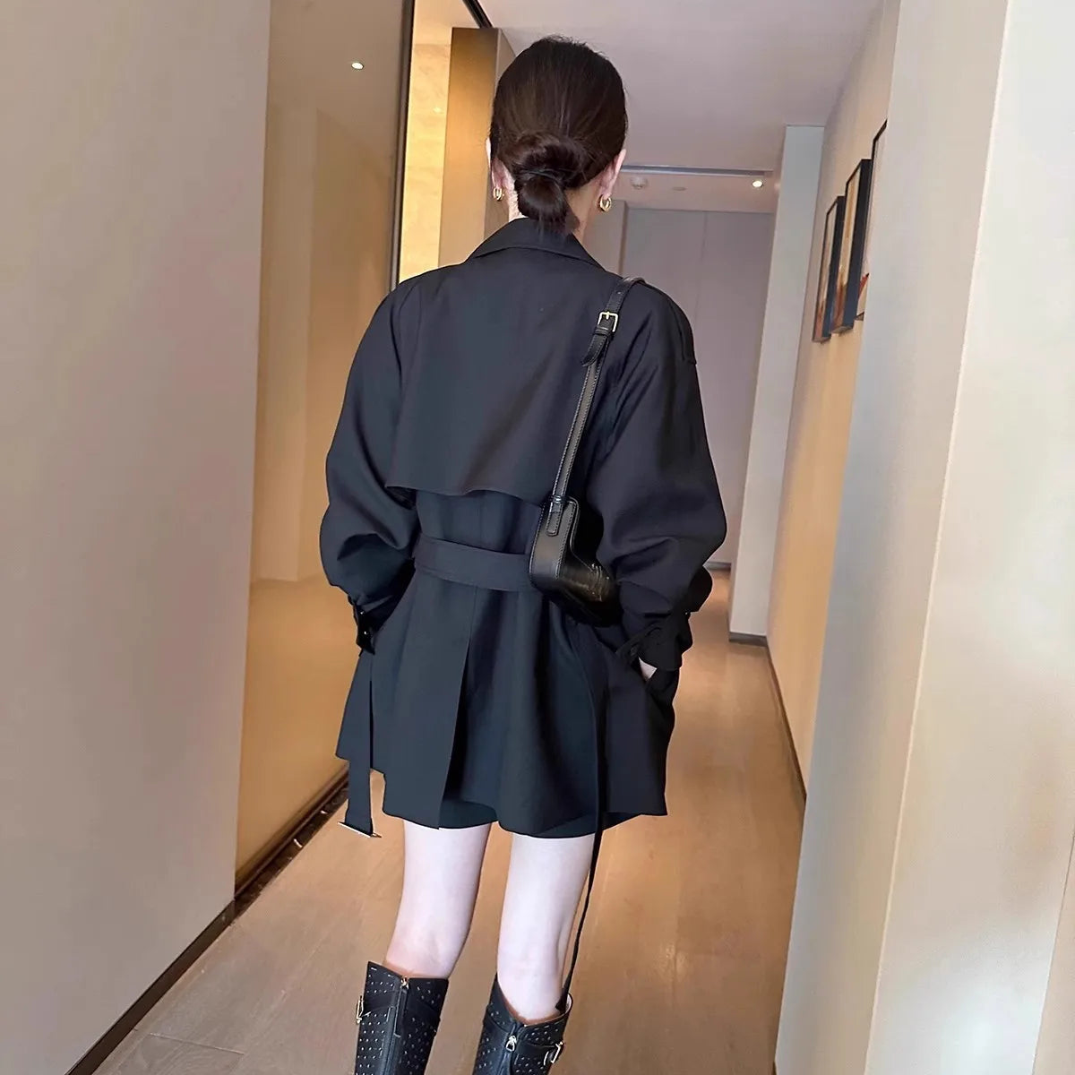 Lautaro Spring Autumn Black Trench Coat for Women Belt Double Breasted Elegant Stylish Chic Luxury Designer Clothes Fashion 2025