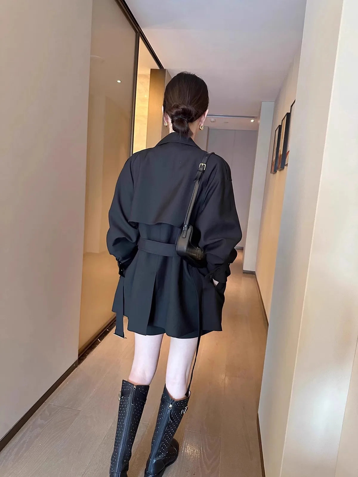 Lautaro Spring Autumn Black Trench Coat for Women Belt Double Breasted Elegant Stylish Chic Luxury Designer Clothes Fashion 2025