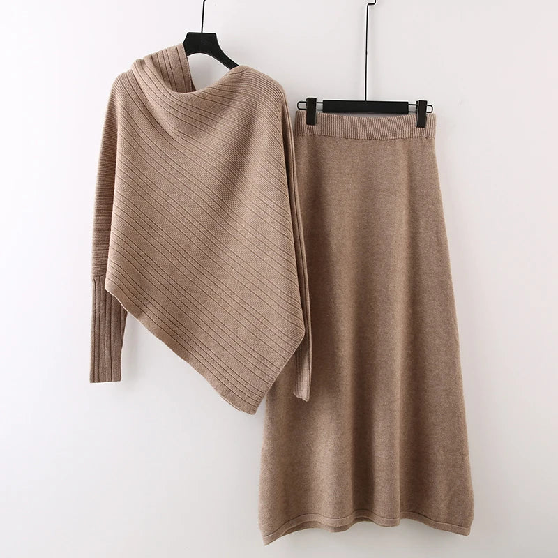 Autumn Winter Fashion Style Asymmetrical Batwing Sleeve Loose Knit Cardigan Elastic Waist Skirt Set For Women 11A07541 Khaki One Size