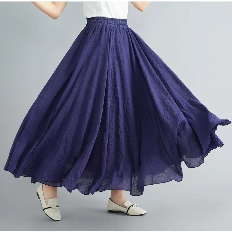 Fashion Cotton Linen Clothes Women Skirts Maxi Y2k Elegant Beach Saia Ropa Mujer Casual Vestido Boho Long Skirt Faldas Harajuku navy