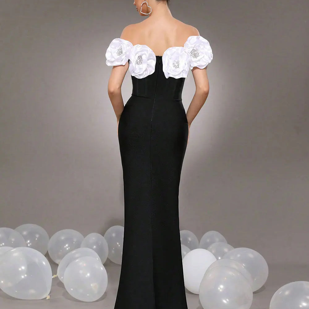 2025 Elegant Women's Light Luxury Flower Design Bandage Dresses One Collar Shoulder Bodycon Bareback Long Dress Party Vestidos