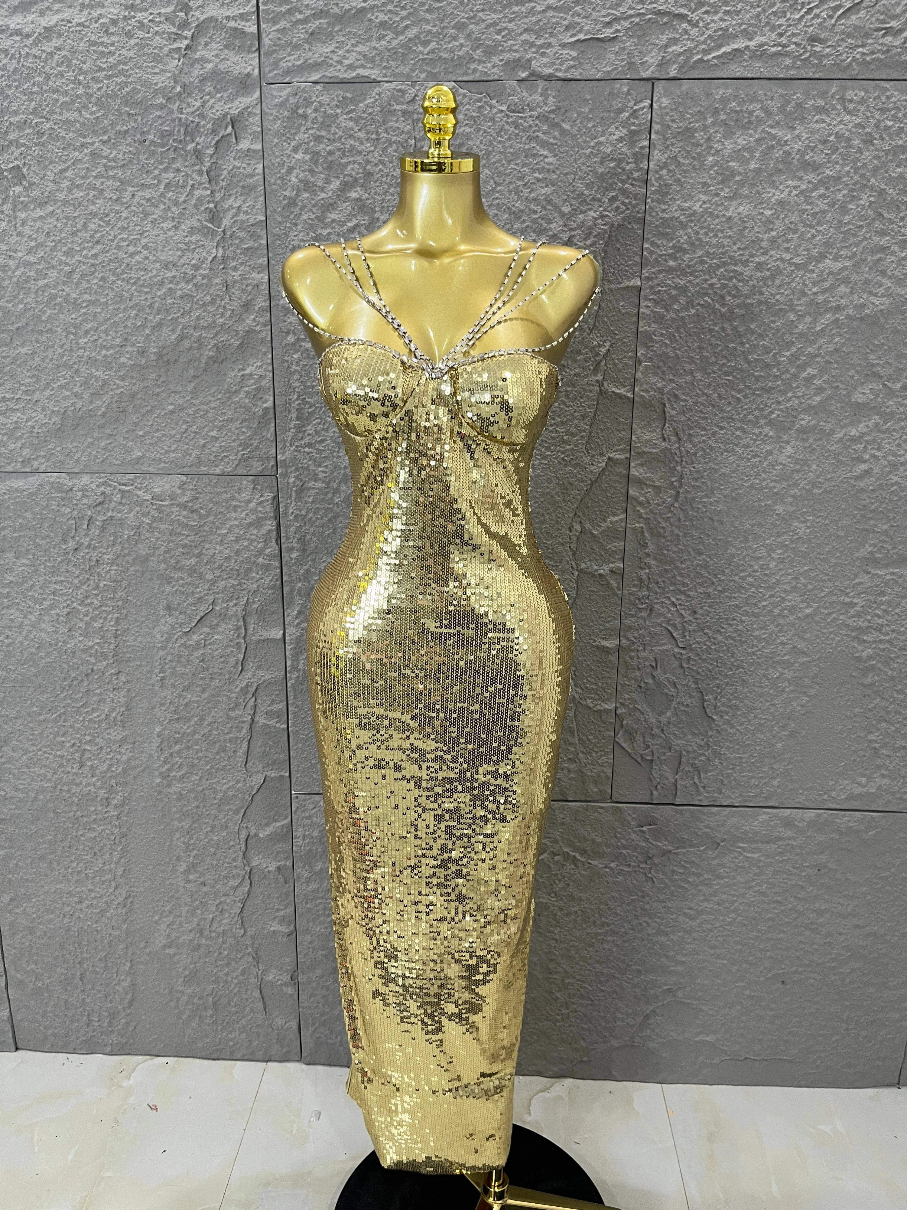 Classic Gold Sequin Mermaid Dress Rhinestone Chain Shoulder Straps Sweetheart Neck Formal Evening Gala Photoshoot Cocktail Party