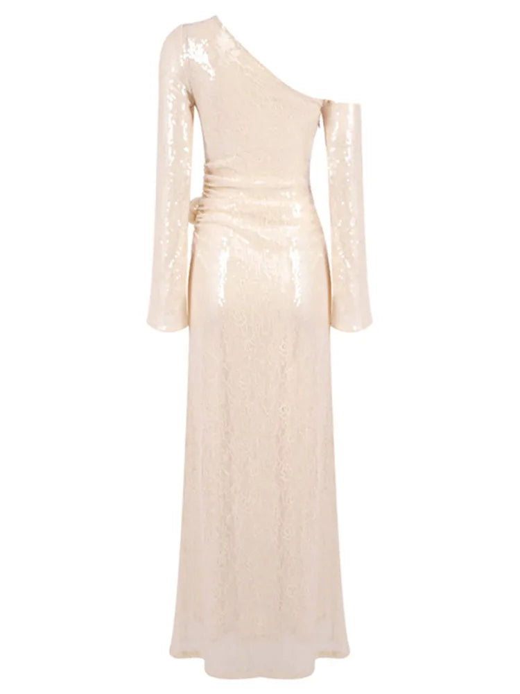 Chic Luxury Women Celebrity Sexy One Shoulder Beige Mesh Sequins Maxi Long Gowns Dress 2025 Elegant Evening Party Club Vestido