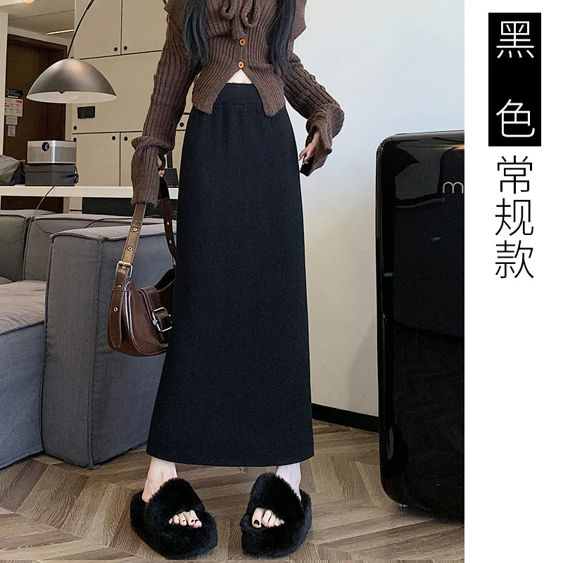 Women Sweater Skirt Pencil Knitted Skirt High Waist Skirts Womens Winter 2023 Long Warm Knitting Skirts Straight Split Bottoms Black