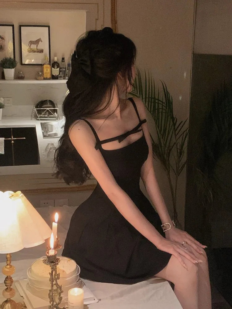 Y2K Summer Short Dress Women Solid Spaghetti Strap Evening Party Dresses Elegant Sleeveless Sexy A-line One Piece Vestido Mujer Black(Short)
