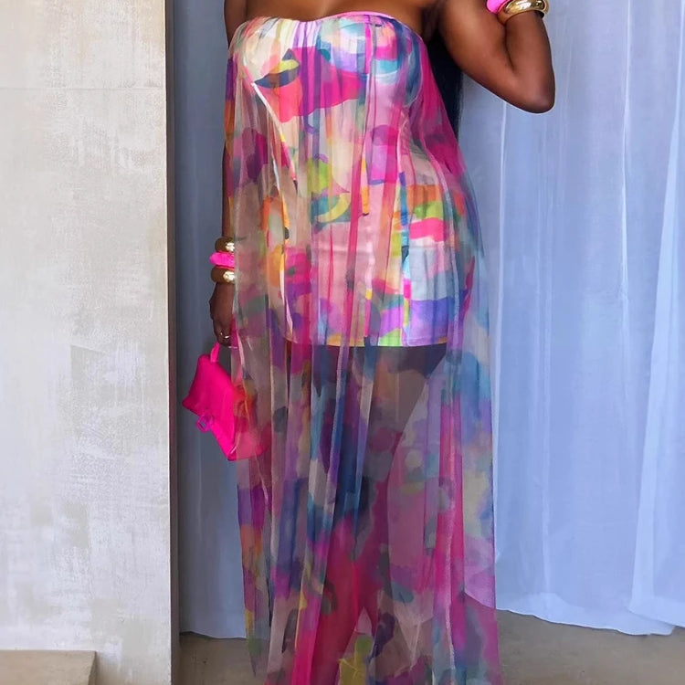 Women Sleeveless Tie Dye Print Strapless Mesh Bodycon Midi Long Maxi Dress 2025 Birthday Club Party Vestido Sexy Dresses