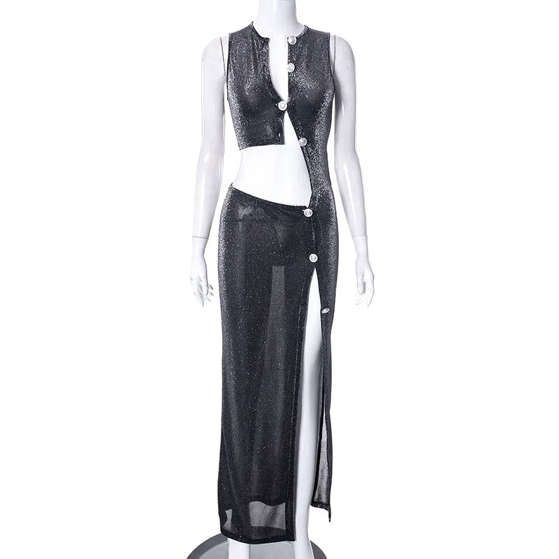 Women High Side Split Sleeveless Button Up Cut Out Waist Slim Bodycon Maxi Dress 2023 Summer Party Evening Dresses Black