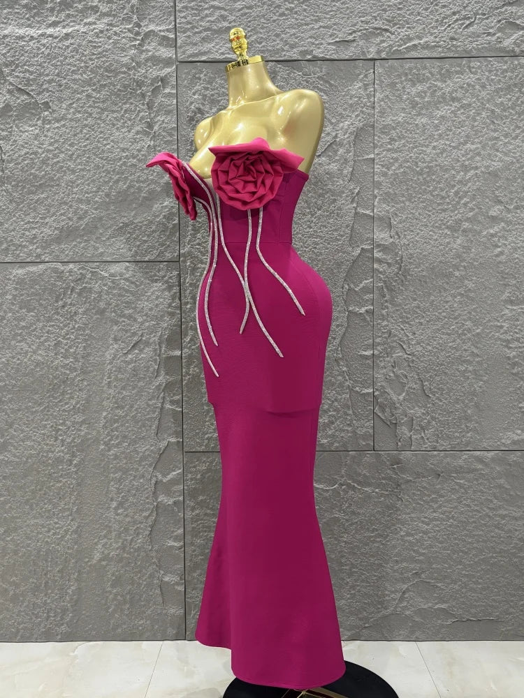 Rosered Color Women Sexy Florals Strapless Diamond Line Bodycon Long Bandage Dress Birthday Party Photo Shoot Wear