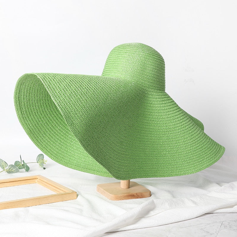 Summer 70cm Large Wide Brim Sun Hats For Women Oversized Beach Hat Foldable Travel Straw Hat Lady UV Protection Sun Shade Hat green 54-57cm