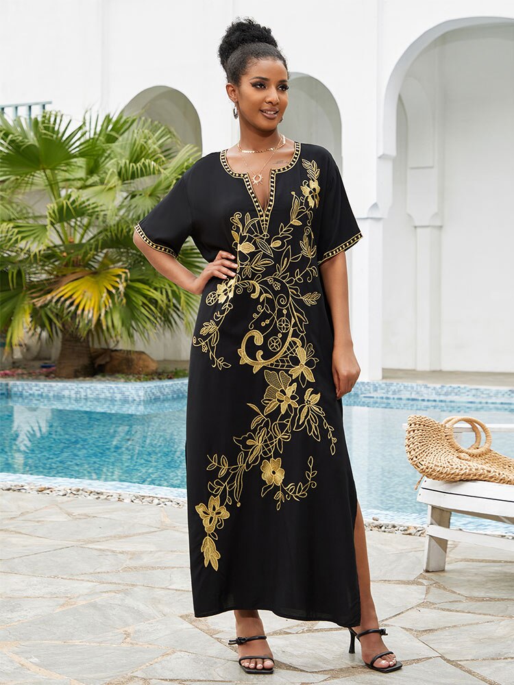 Vintage Embroidery Kaftan Sexy V-neck Batwing Sleeve High Waist Maxi Dress Tunic Women Clothing Summer Beach Dresses Q660 Q1544 One Size