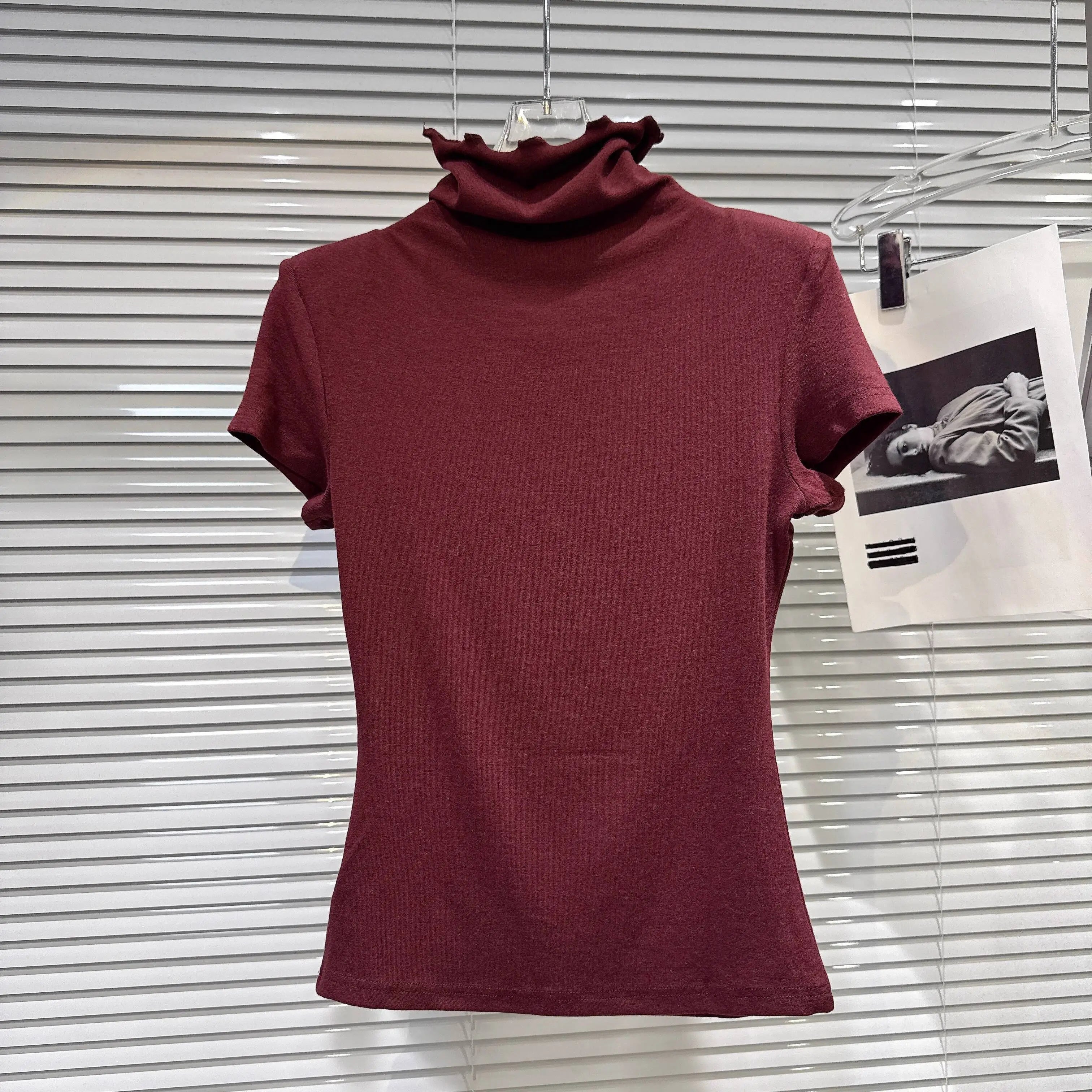 Winter New Fashion Solid Color Simple High Neck Shoulder Pad Short Sleeve T-shirt For Women Slim Fit Top 11A07774 Wine