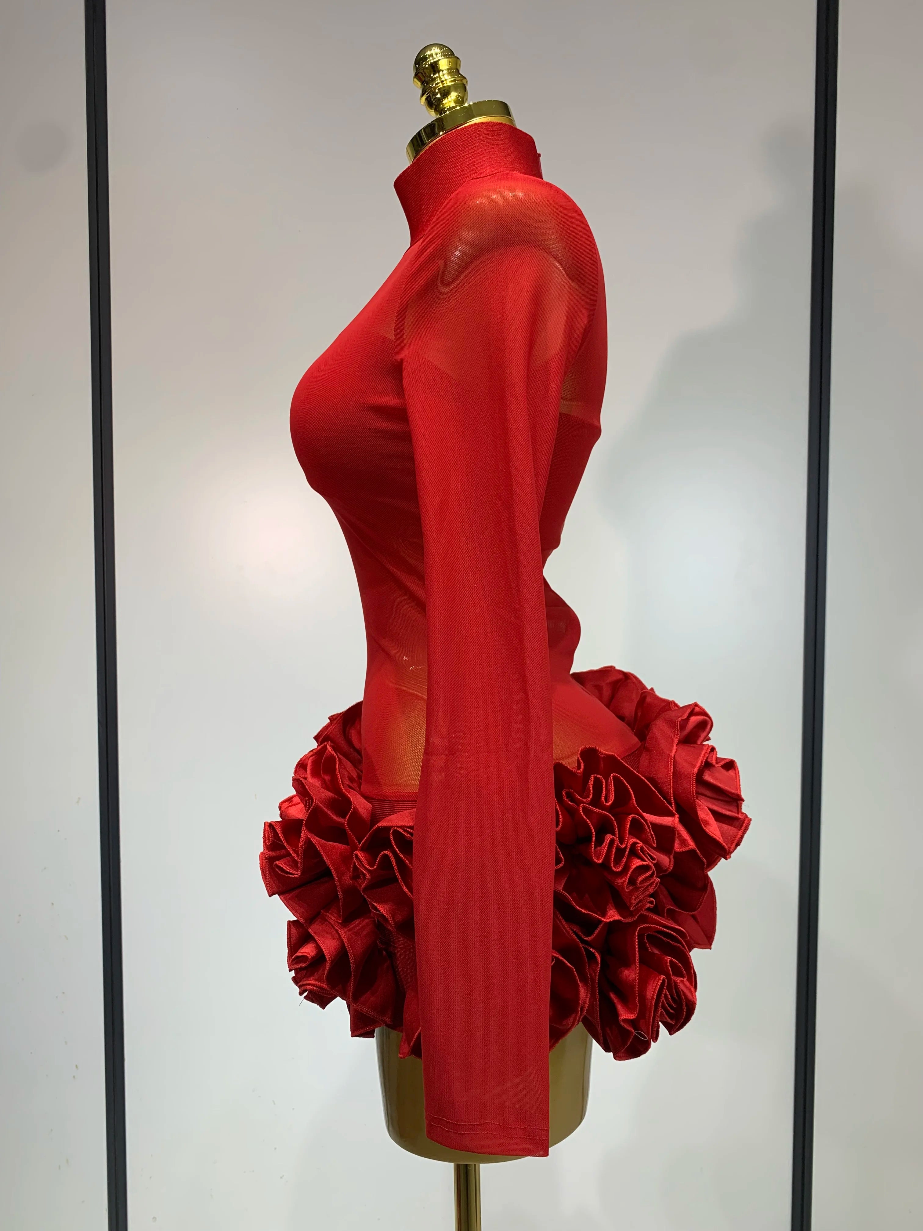Women Sexy Mesh See through Stereoscopic Flowers Red Mini Bandage Dress Birthday Party Evening Dress Club Singer Perform Costume