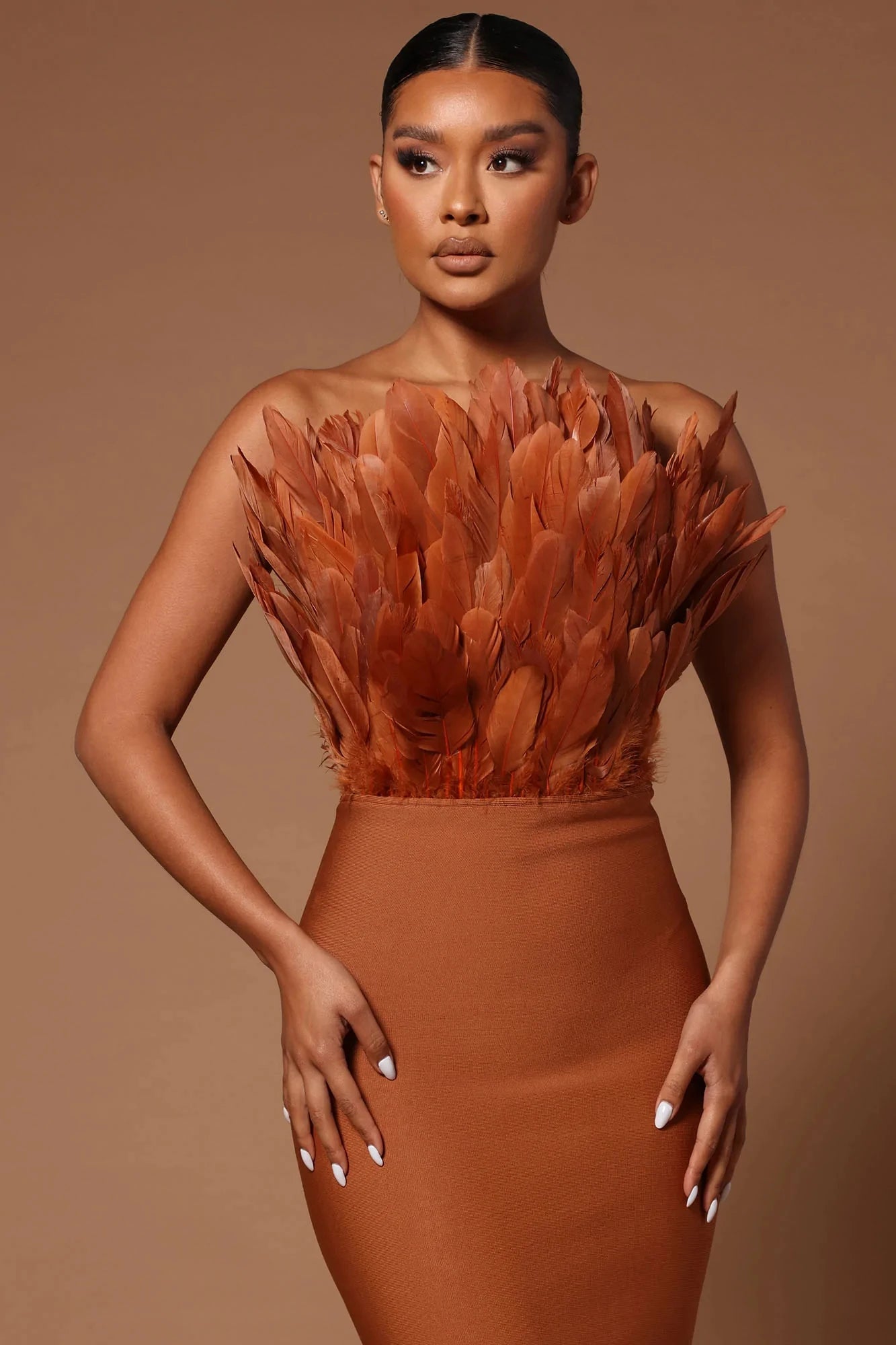 Brown Rosered Women Sexy Feathers Off the Shoulder Bodycon Mid-calf Dress Rayon Bandage Birthday Party Costume