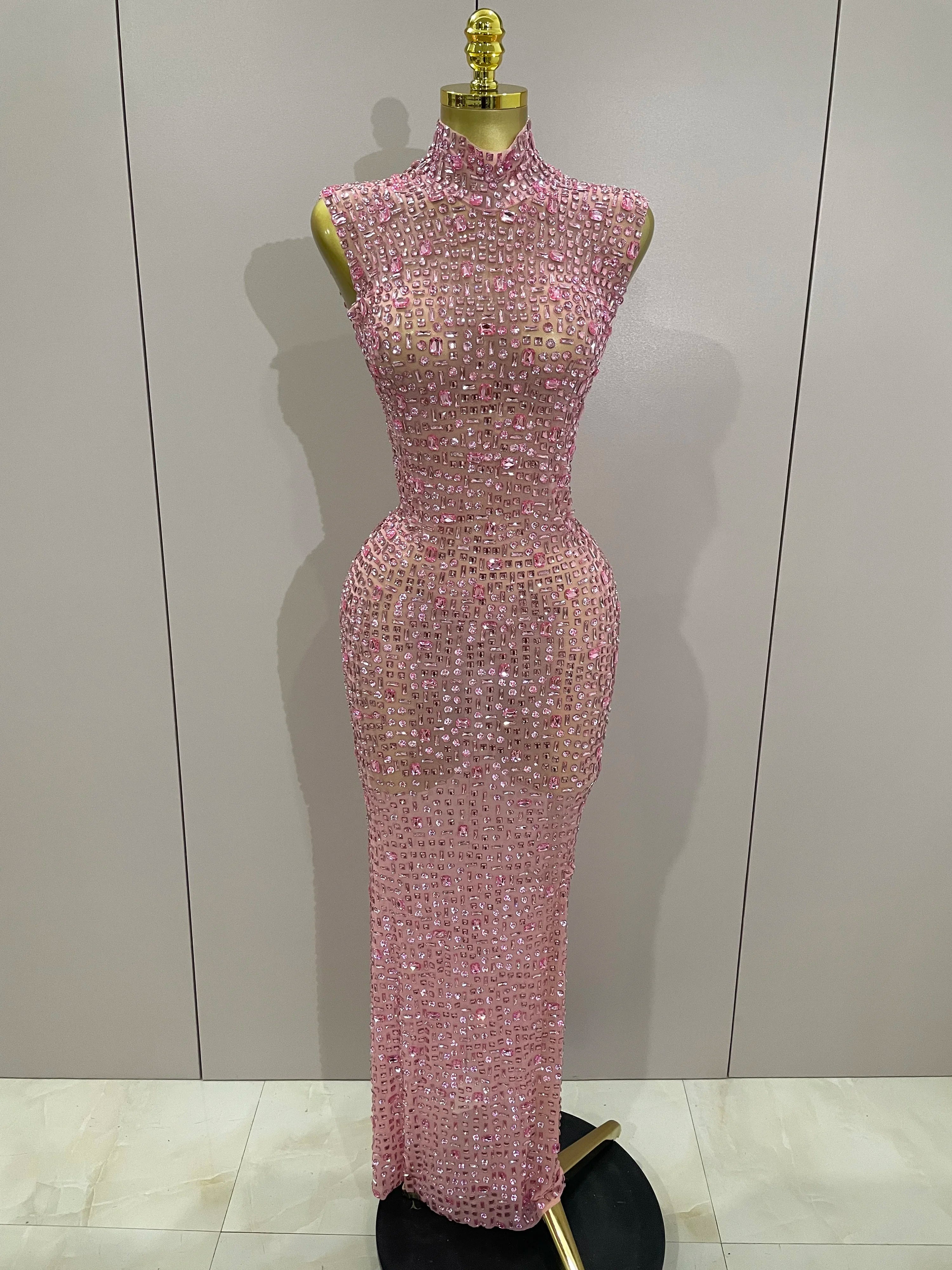 Sexy Sparkly Crystal Diamonds Mesh See Through Long Dress 2025 New Women Elegant Party Costume Singer Stage Performance Outfit Pink